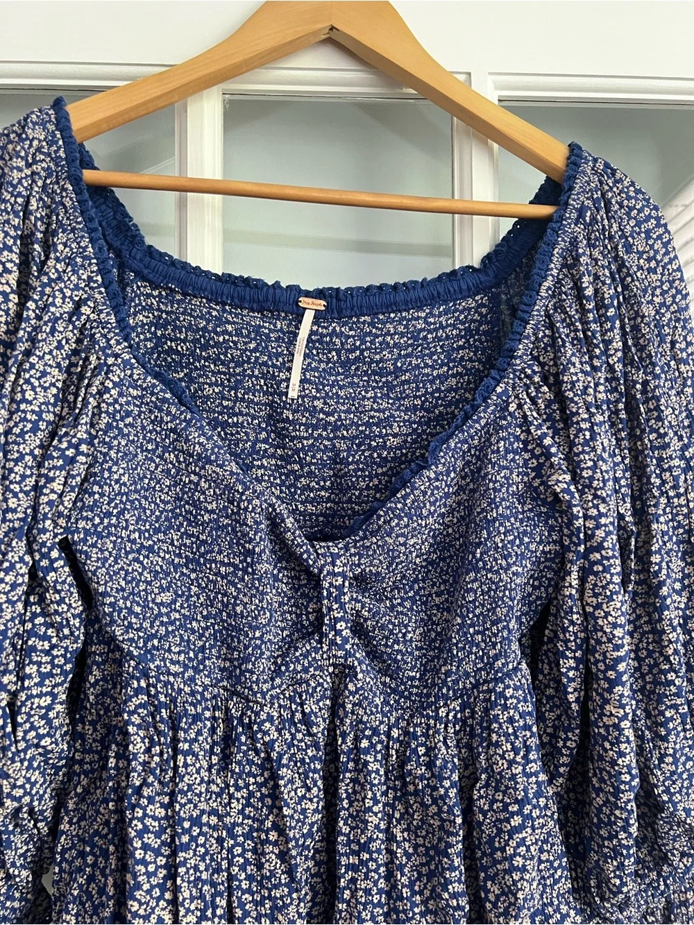 Free People Navy Blue Floral Peasant Top